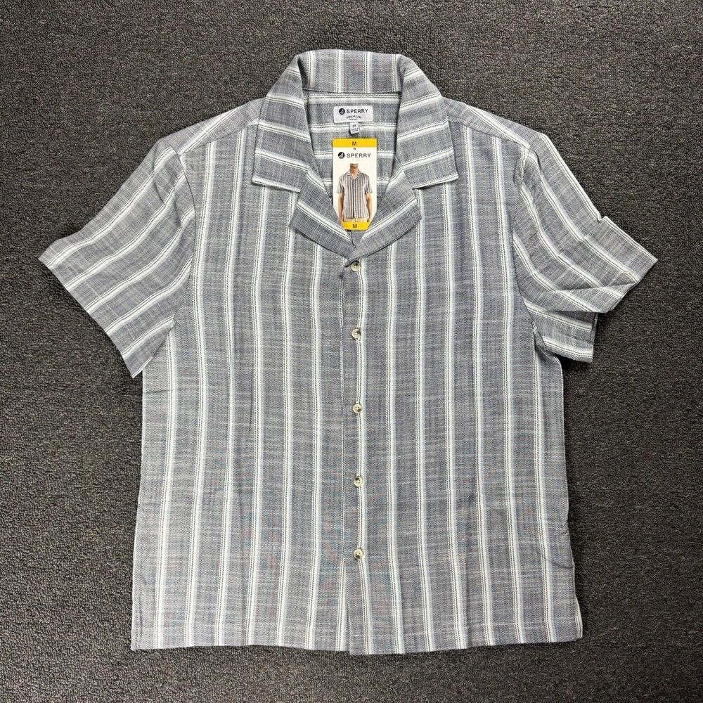 Sperry Men's Camp Collar Texture Shirt Washed Navy and White Striped Size Med